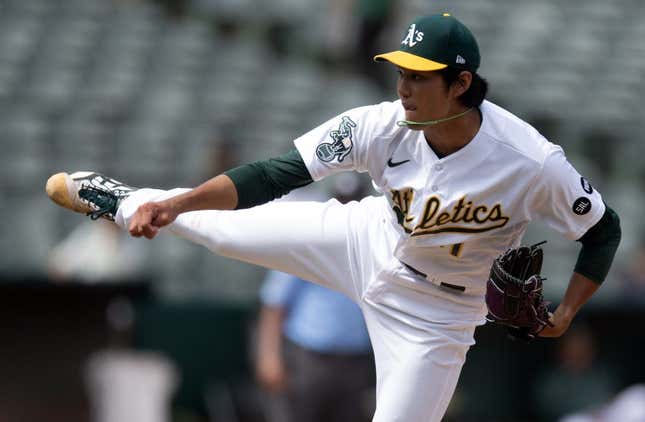 Jul 16, 2023; Oakland, CA, USA; Oakland Athletics pitcher Shintaro Fujinami (11) pitches during the eighth inning against the Minnesota Twins at Oakland-Alameda County Coliseum.